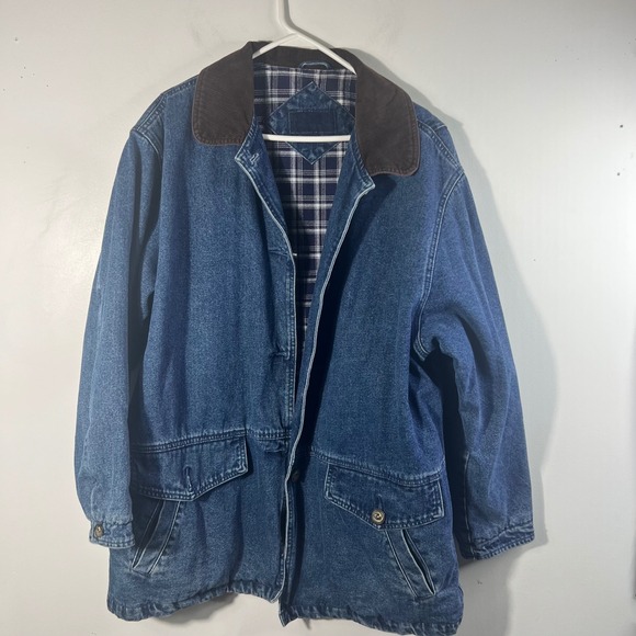 St Johns Bay Jackets & Blazers - Vintage St Johns Bay Flannel Lined Denim Chore Jacket Corduroy Collar 2XL‎